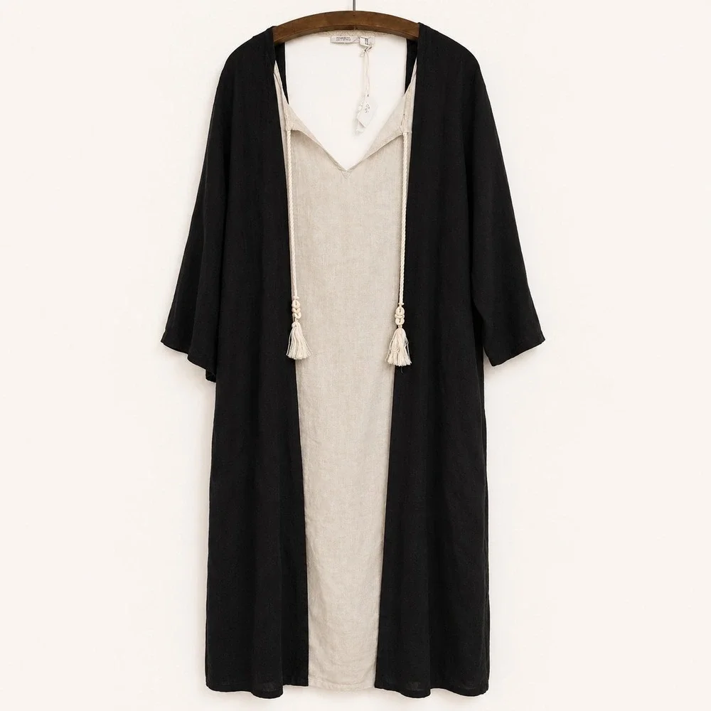 Sigrid Olsen Kaftan Cover Up Size M Linen Navy Off White Tassel Tie Beach Resort